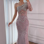 Luxury Nude One Shoulder Long Sleeve Beaded Evening Dress CLA73180