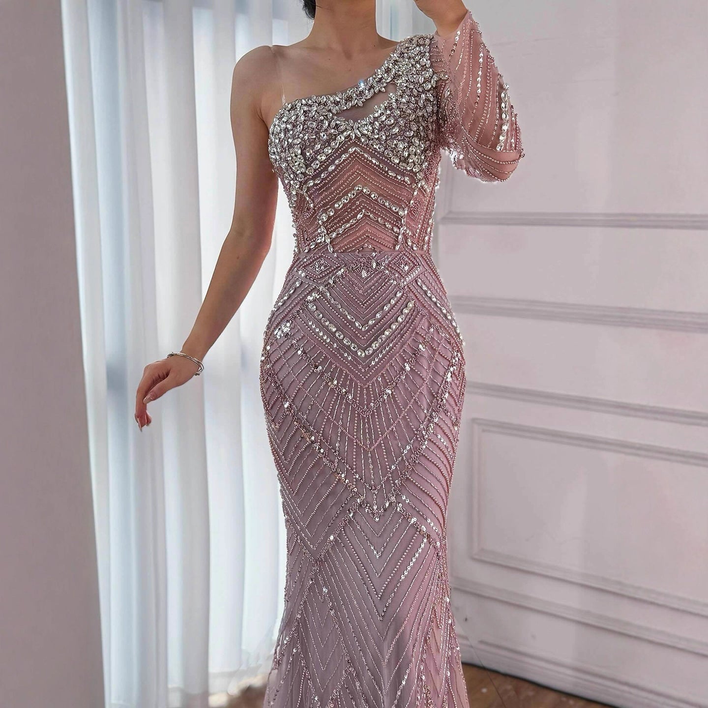 Luxury Nude One Shoulder Long Sleeve Beaded Evening Dress CLA73180