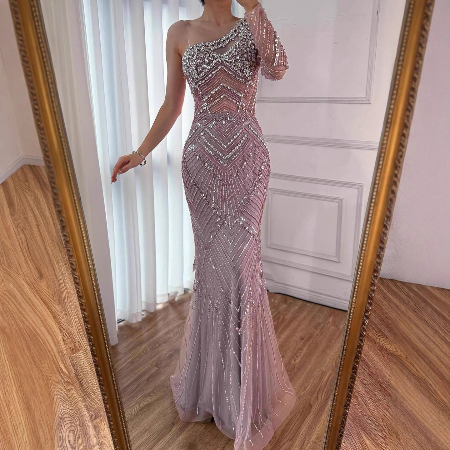 Luxury Nude One Shoulder Long Sleeve Beaded Evening Dress CLA73180