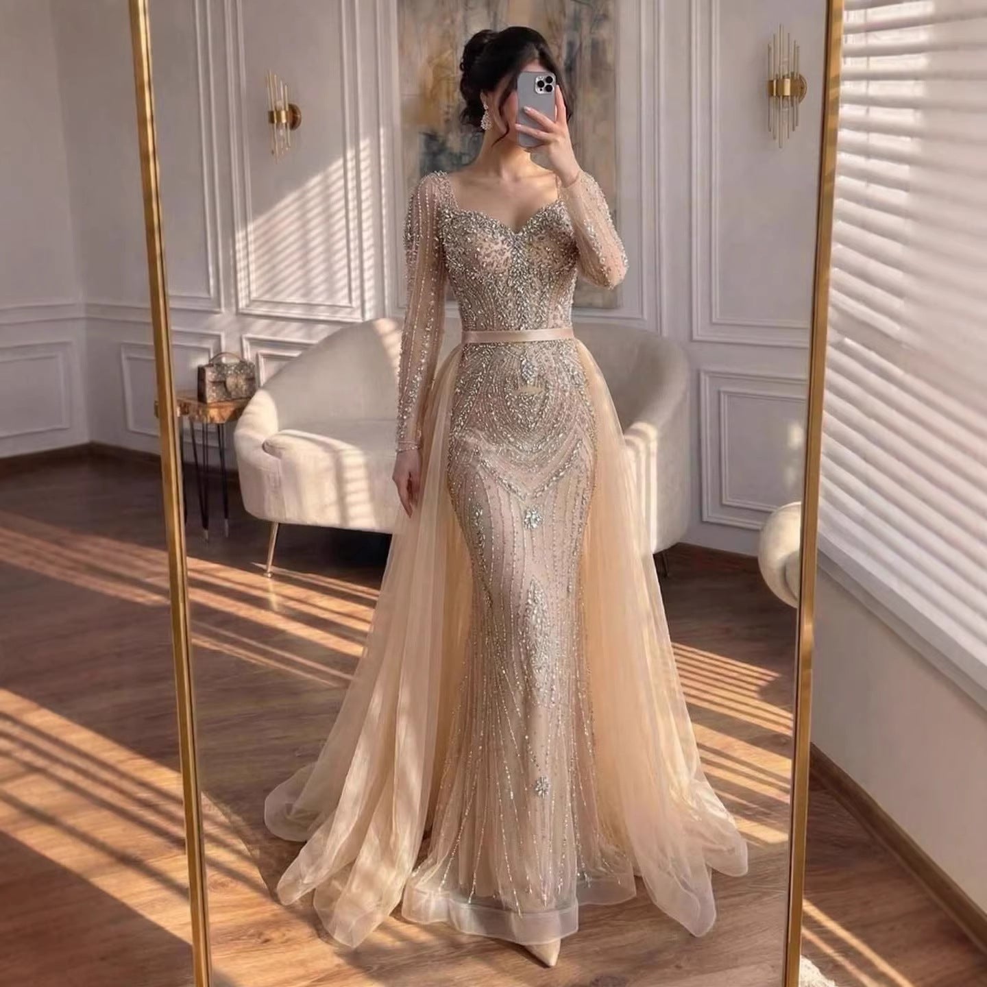 Luxury Nude Beaded Mermaid Evening Dress With Overskirt CLA73190