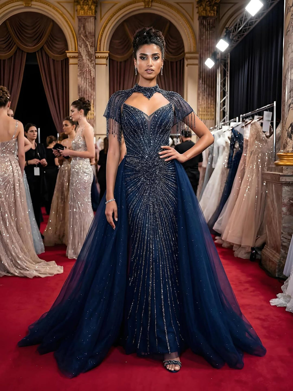 Luxury Nude Beaded Mermaid Detachable Cape Evening Dress With Overskirt CLA73182