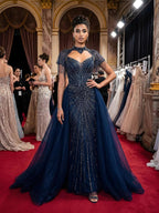 Luxury Nude Beaded Mermaid Detachable Cape Evening Dress With Overskirt CLA73182