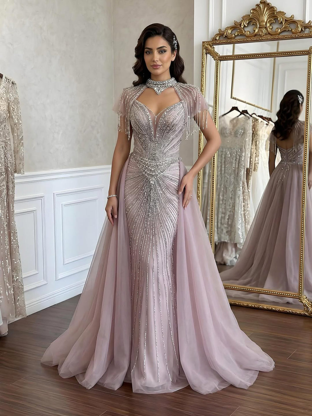 Luxury Nude Beaded Mermaid Detachable Cape Evening Dress With Overskirt CLA73182