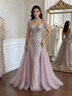 Luxury Nude Beaded Mermaid Detachable Cape Evening Dress With Overskirt CLA73182