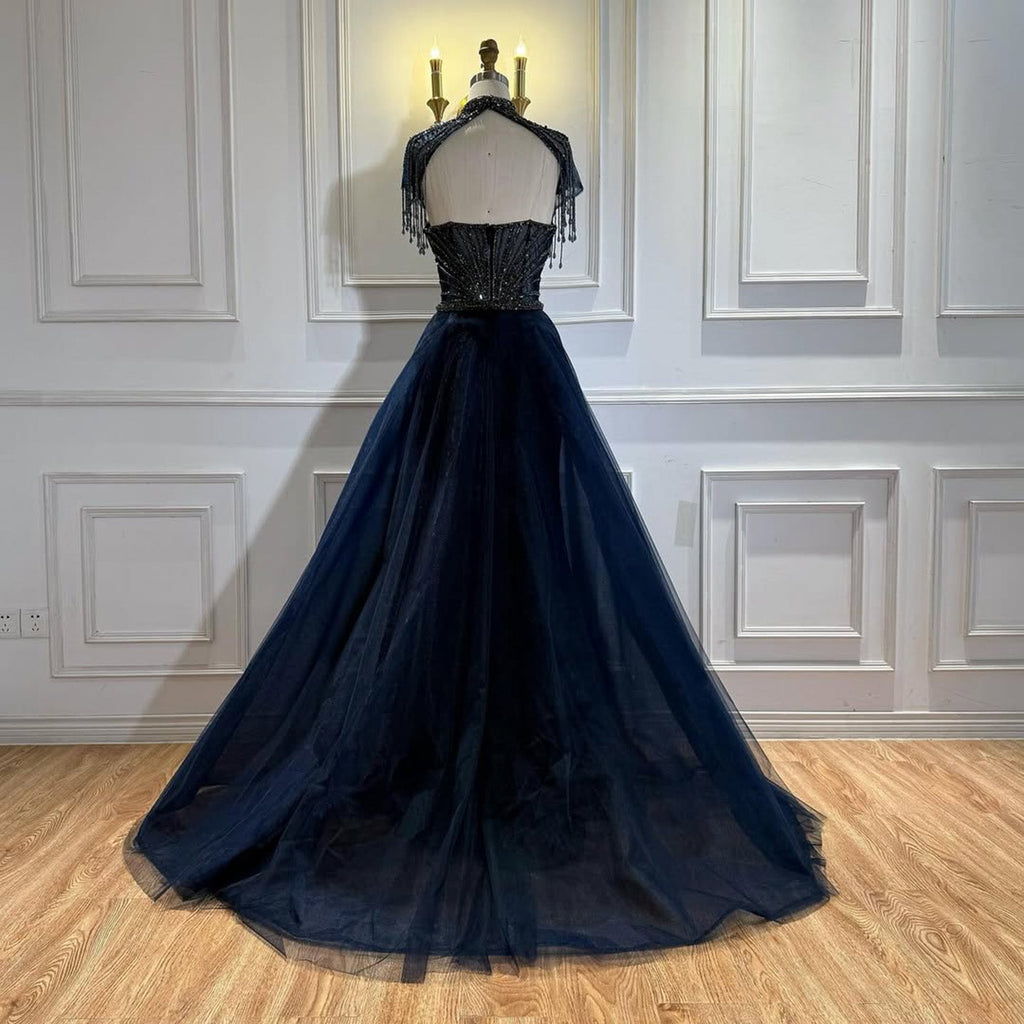 Luxury Nude Beaded Mermaid Detachable Cape Evening Dress With Overskirt CLA73182