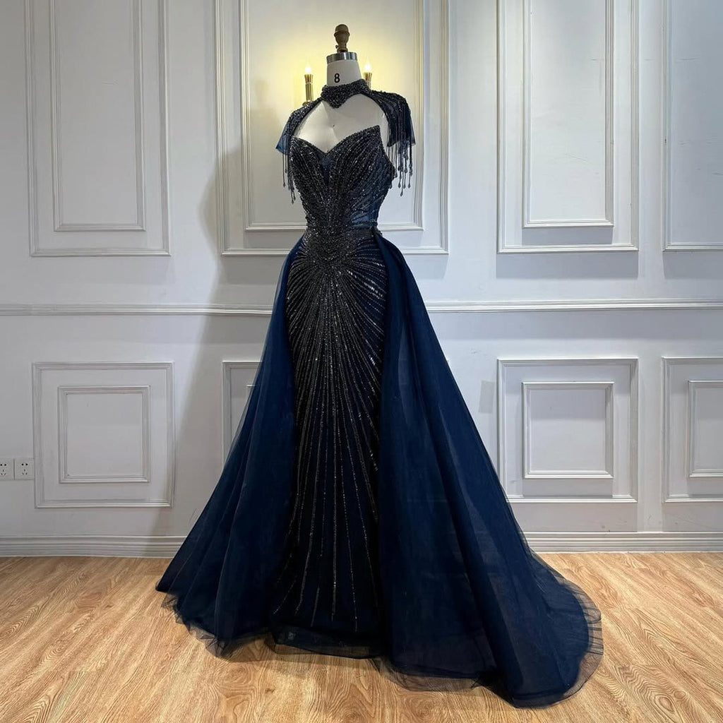 Luxury Nude Beaded Mermaid Detachable Cape Evening Dress With Overskirt CLA73182