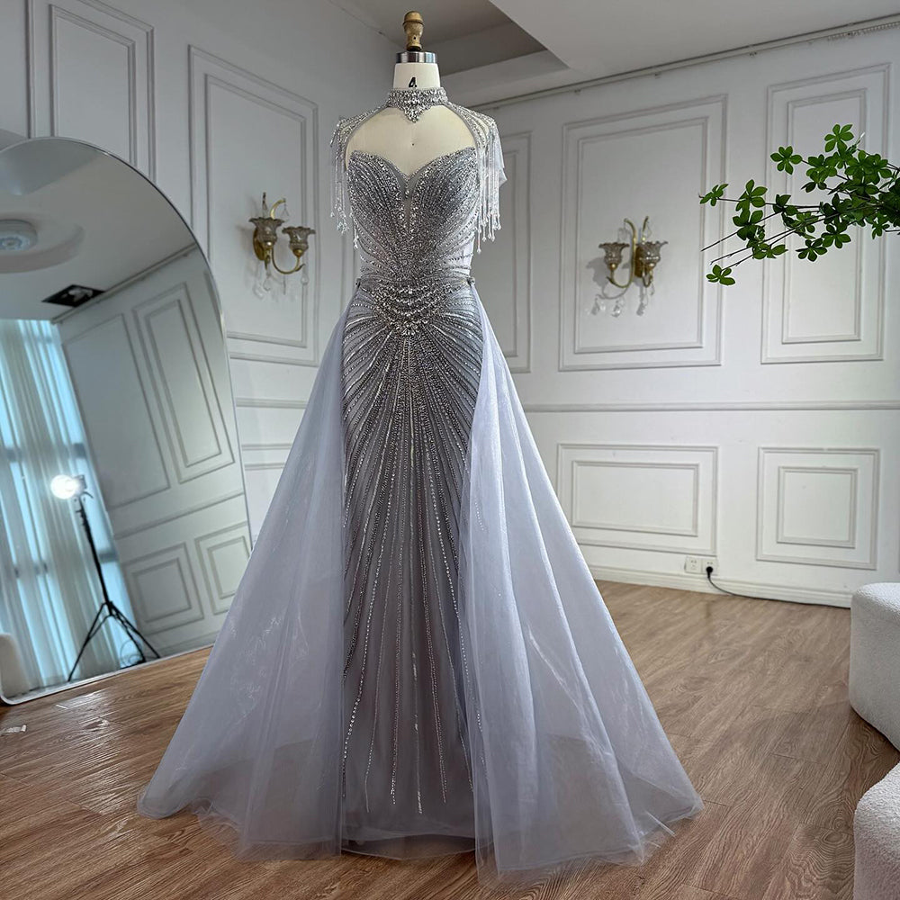 Luxury Nude Beaded Mermaid Detachable Cape Evening Dress With Overskirt CLA73182