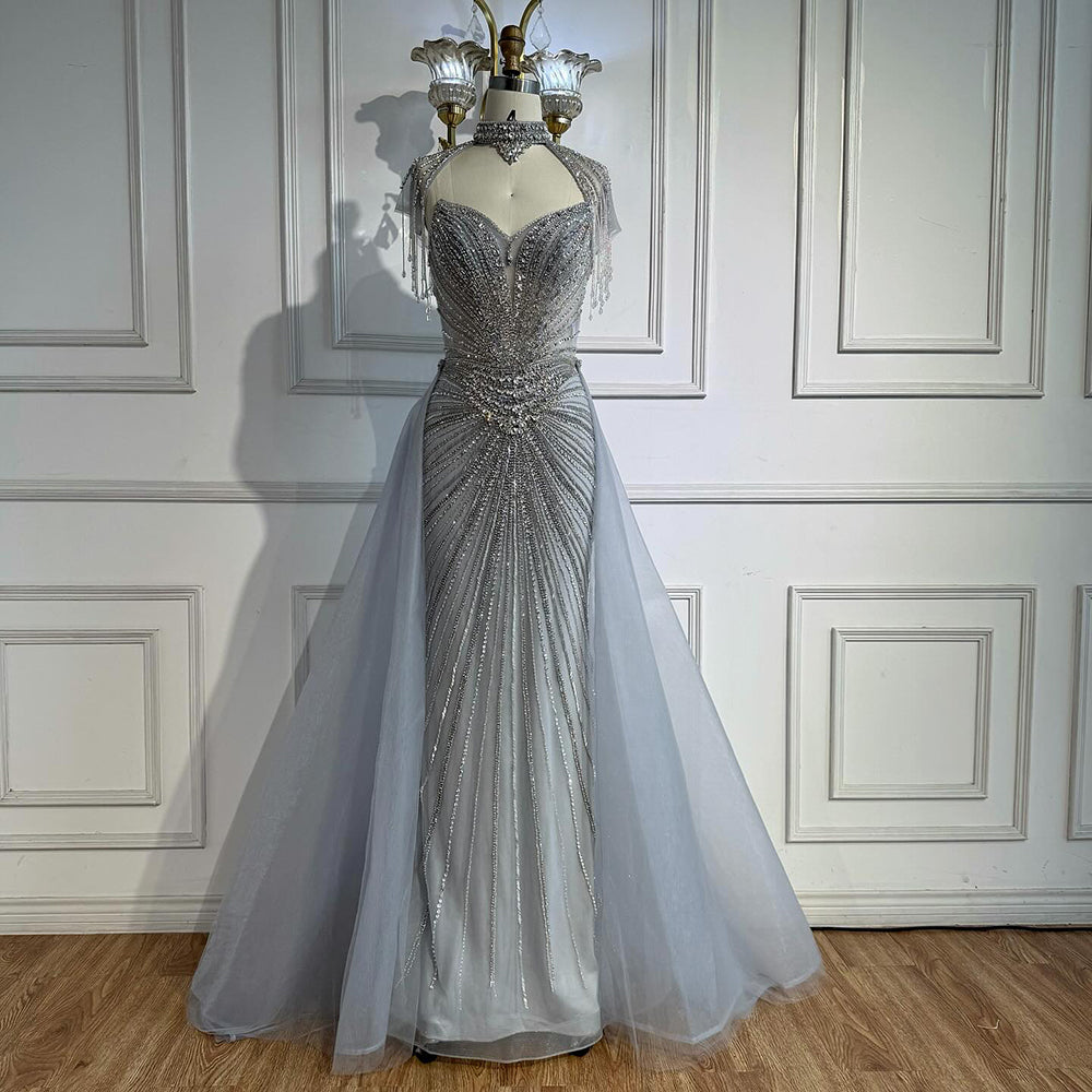 Luxury Nude Beaded Mermaid Detachable Cape Evening Dress With Overskirt CLA73182