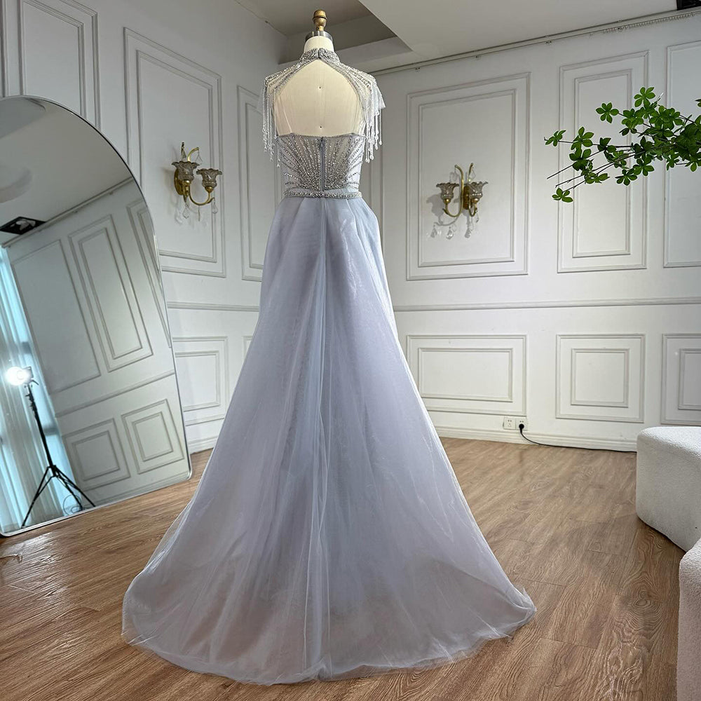 Luxury Nude Beaded Mermaid Detachable Cape Evening Dress With Overskirt CLA73182