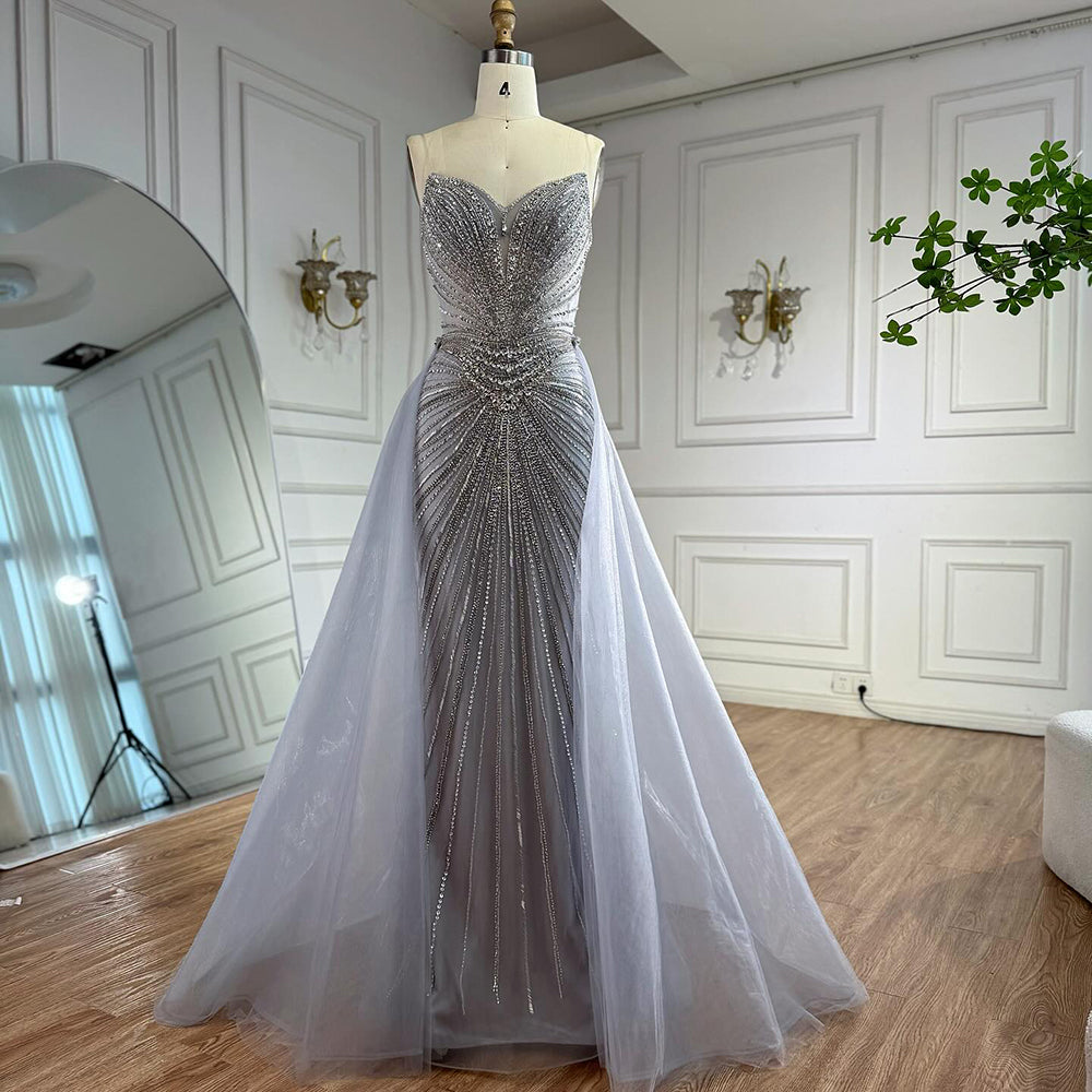 Luxury Nude Beaded Mermaid Detachable Cape Evening Dress With Overskirt CLA73182