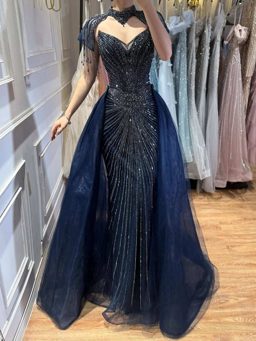Luxury Nude Beaded Mermaid Detachable Cape Evening Dress With Overskirt CLA73182