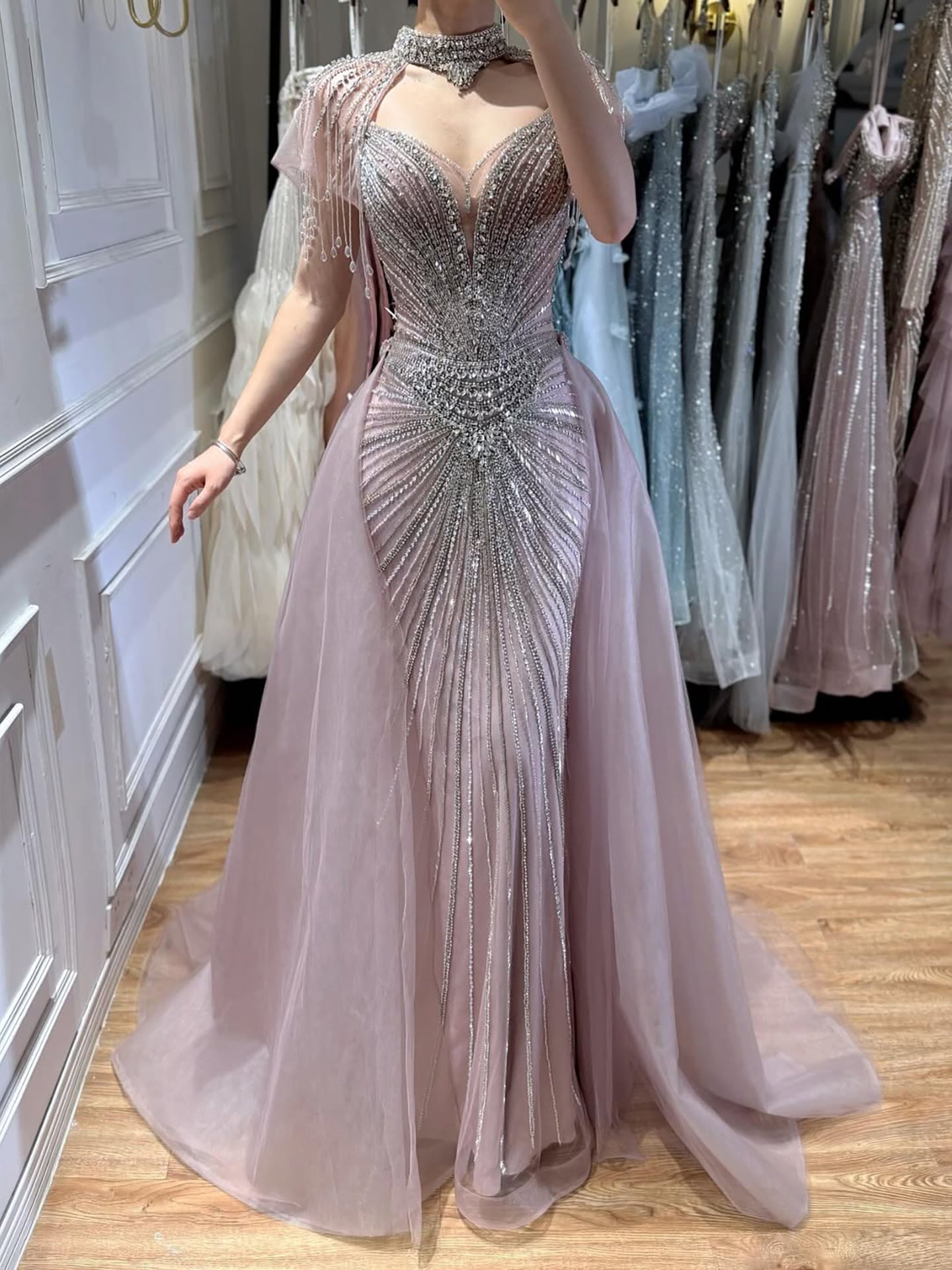 Luxury Nude Beaded Mermaid Detachable Cape Evening Dress With Overskirt CLA73182