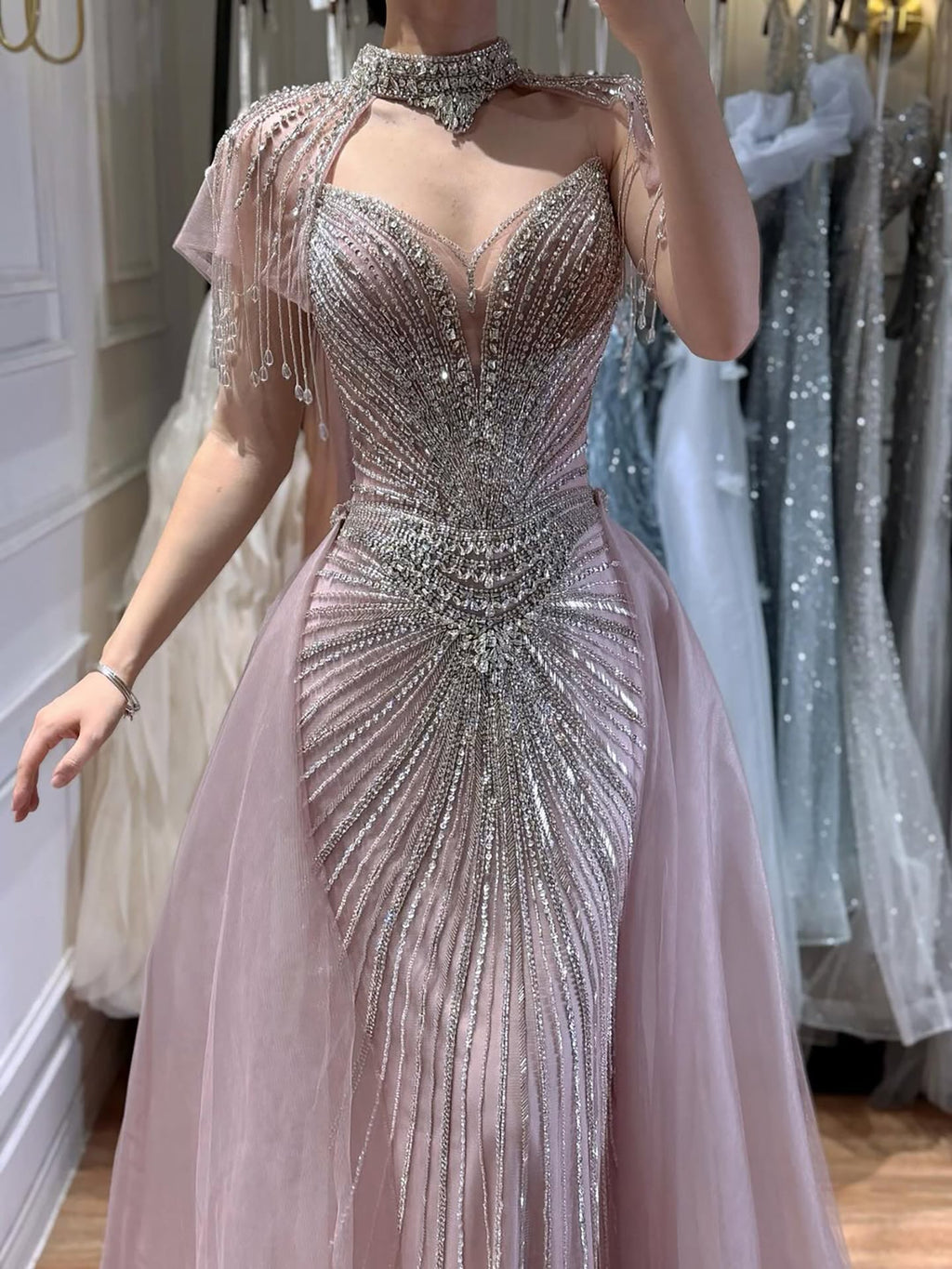 Luxury Nude Beaded Mermaid Detachable Cape Evening Dress With Overskirt CLA73182