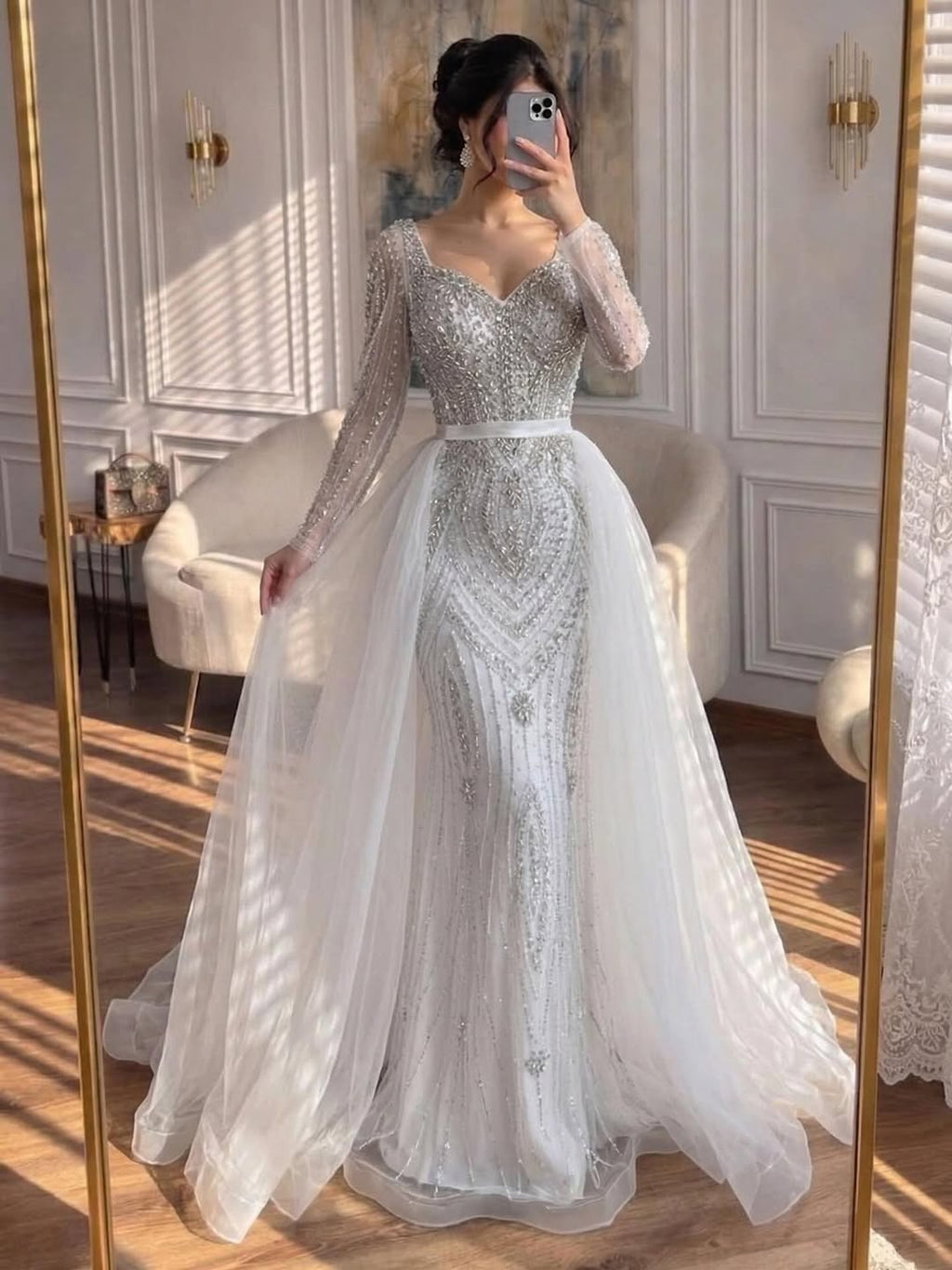 Luxury Nude Beaded Mermaid Evening Dress With Overskirt CLA73190