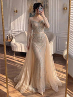 Luxury Nude Beaded Mermaid Evening Dress With Overskirt CLA73190