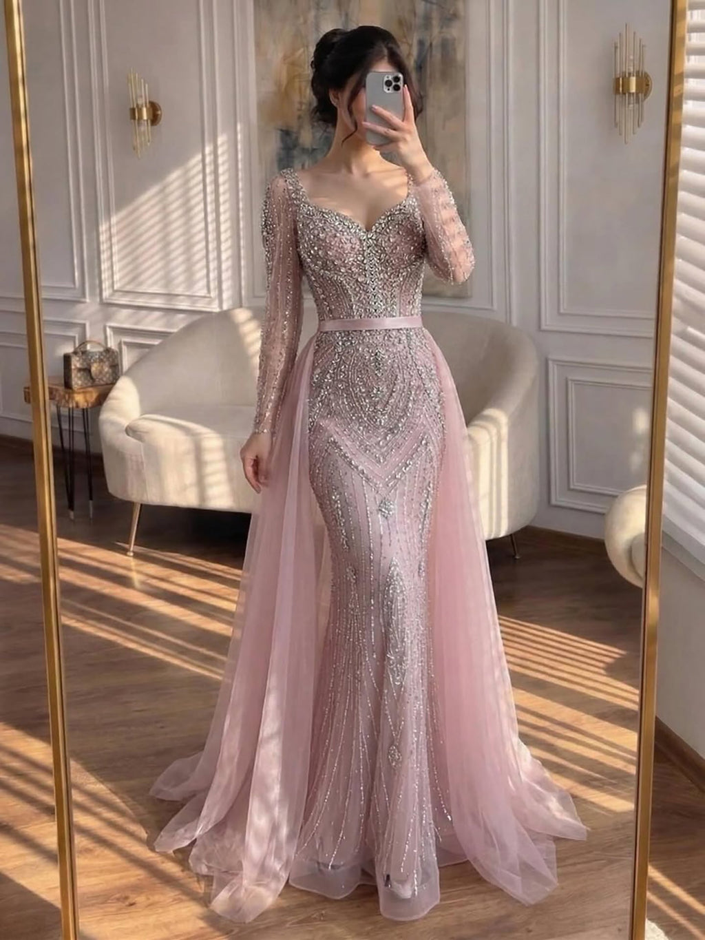 Luxury Nude Beaded Mermaid Evening Dress With Overskirt CLA73190
