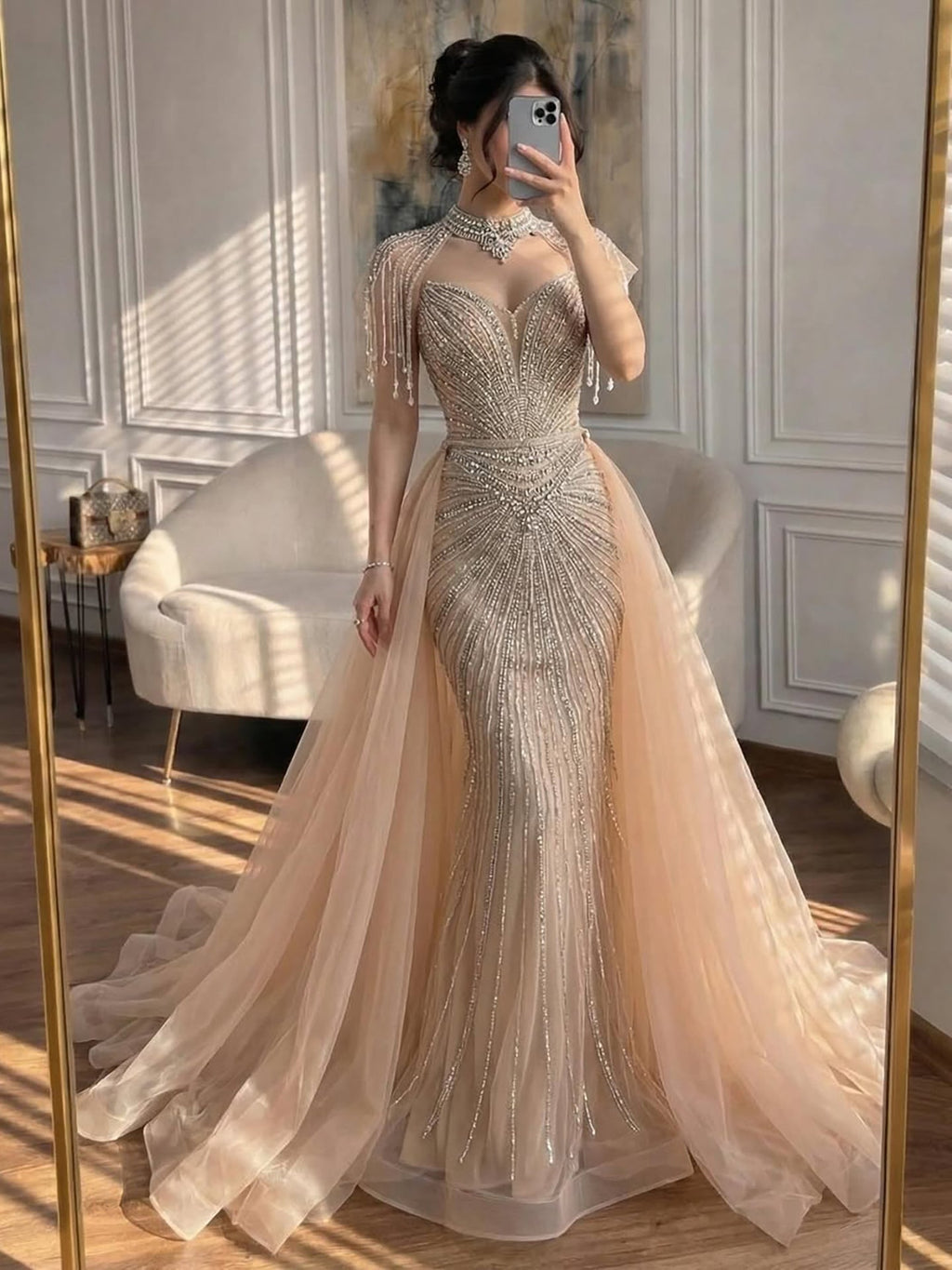 Luxury Nude Beaded Mermaid Detachable Cape Evening Dress With Overskirt CLA73182