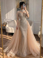 Luxury Nude Beaded Mermaid Detachable Cape Evening Dress With Overskirt CLA73182