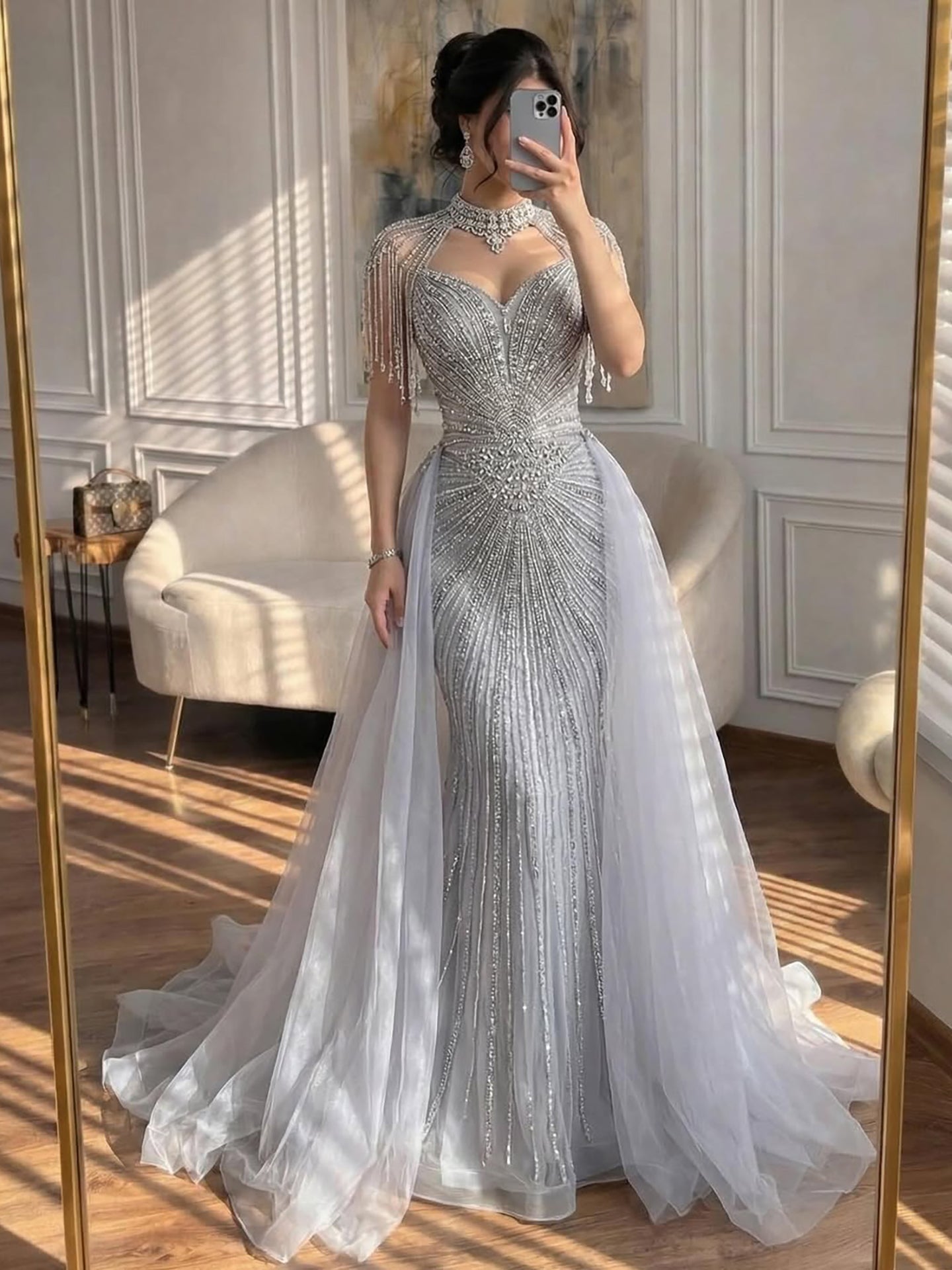 Luxury Nude Beaded Mermaid Detachable Cape Evening Dress With Overskirt CLA73182
