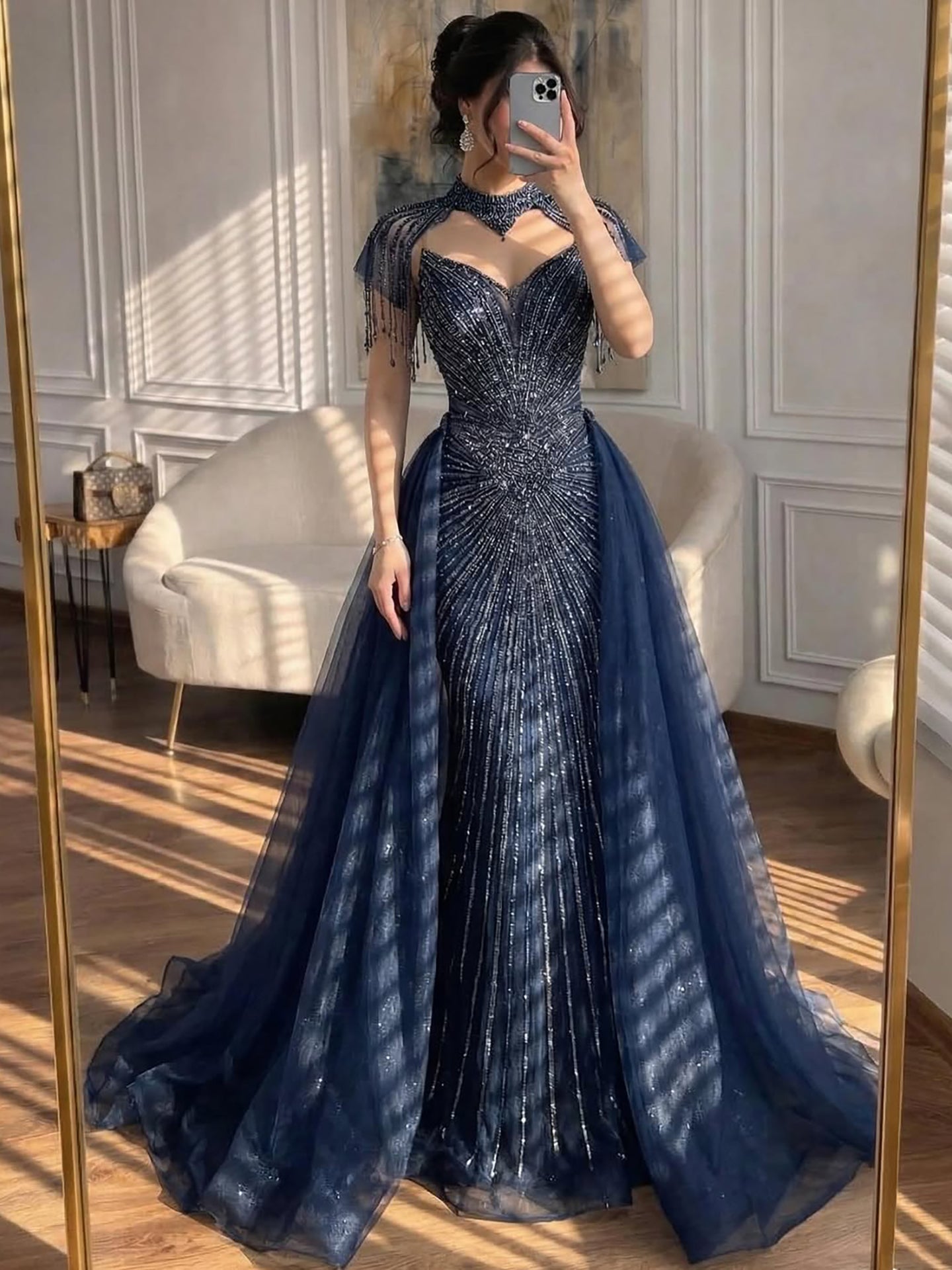 Luxury Nude Beaded Mermaid Detachable Cape Evening Dress With Overskirt CLA73182