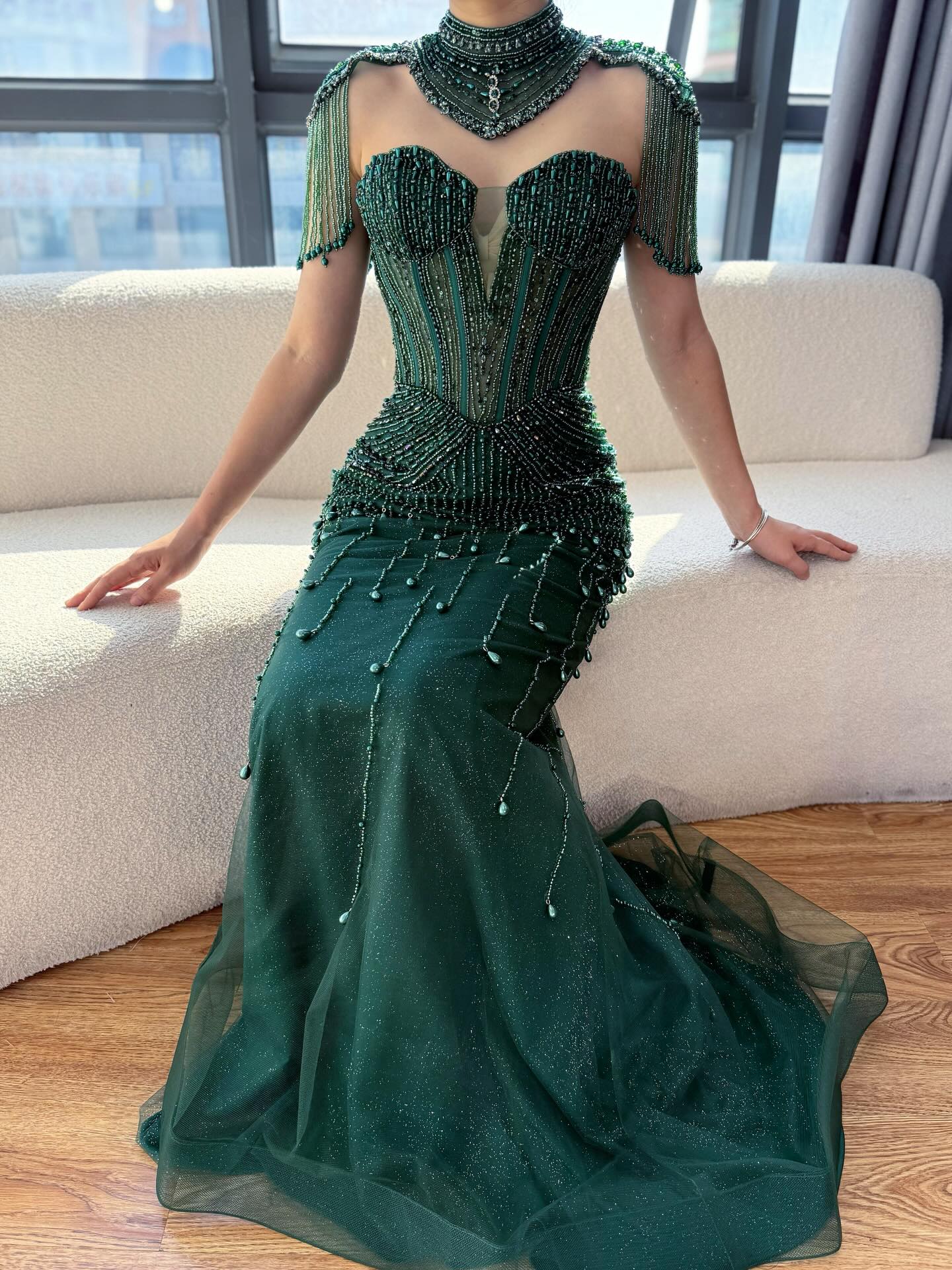 Arabic Luxury Beaded Pearls Strapless Mermaid Evening Dress With Detachable Cape CLA73183