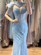 Arabic Luxury Beaded Pearls Strapless Mermaid Evening Dress With Detachable Cape CLA73183