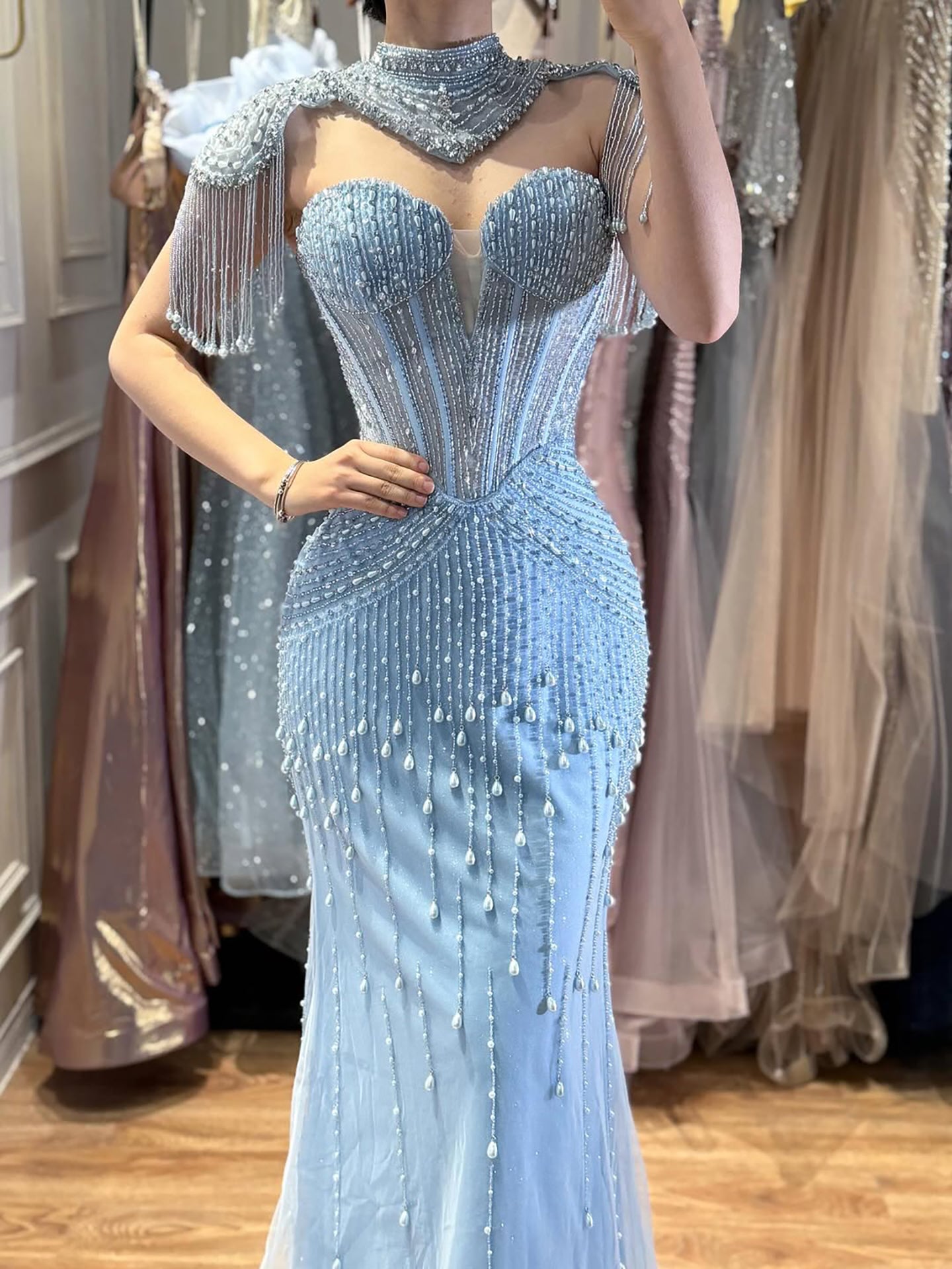 Arabic Luxury Beaded Pearls Strapless Mermaid Evening Dress With Detachable Cape CLA73183