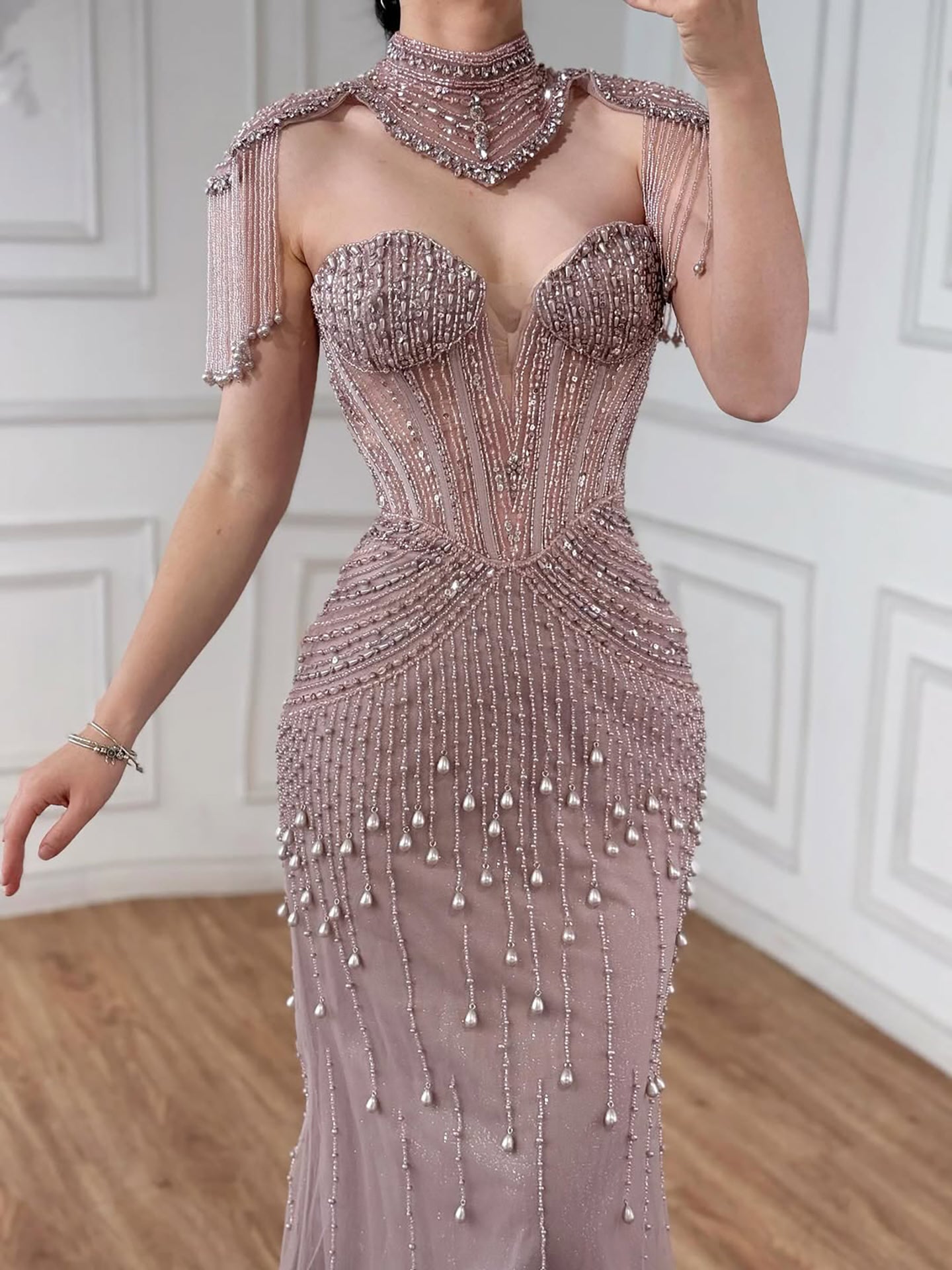 Arabic Luxury Beaded Pearls Strapless Mermaid Evening Dress With Detachable Cape CLA73183