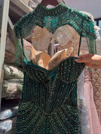 Luxury Nude High Neck Beaded Tassel Mermaid Evening Dress LA73183A