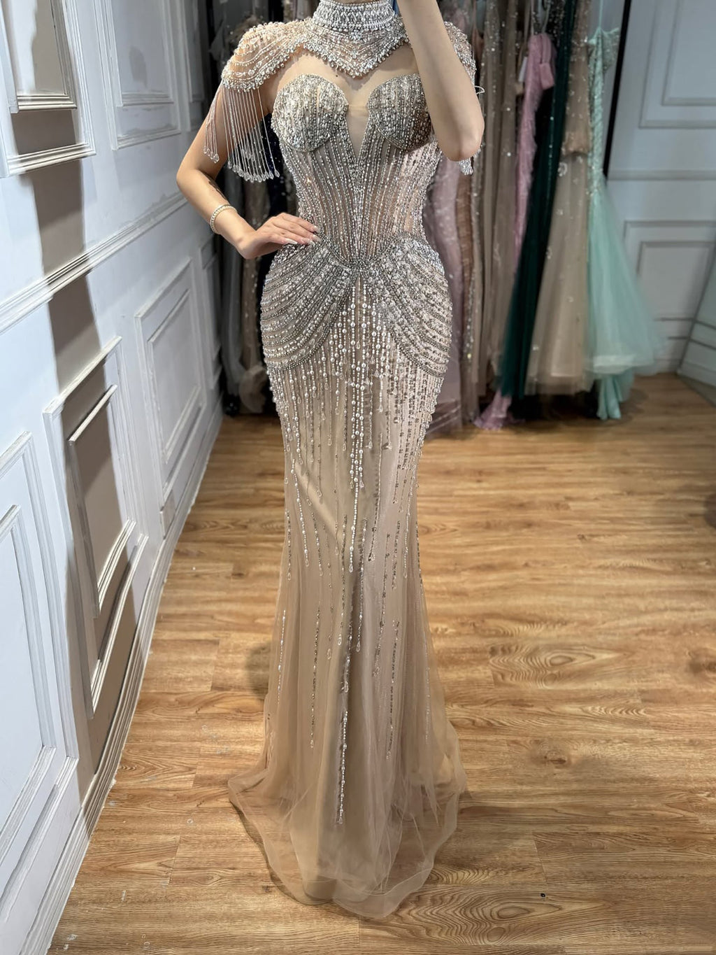 Luxury Nude High Neck Beaded Tassel Mermaid Evening Dress LA73183A
