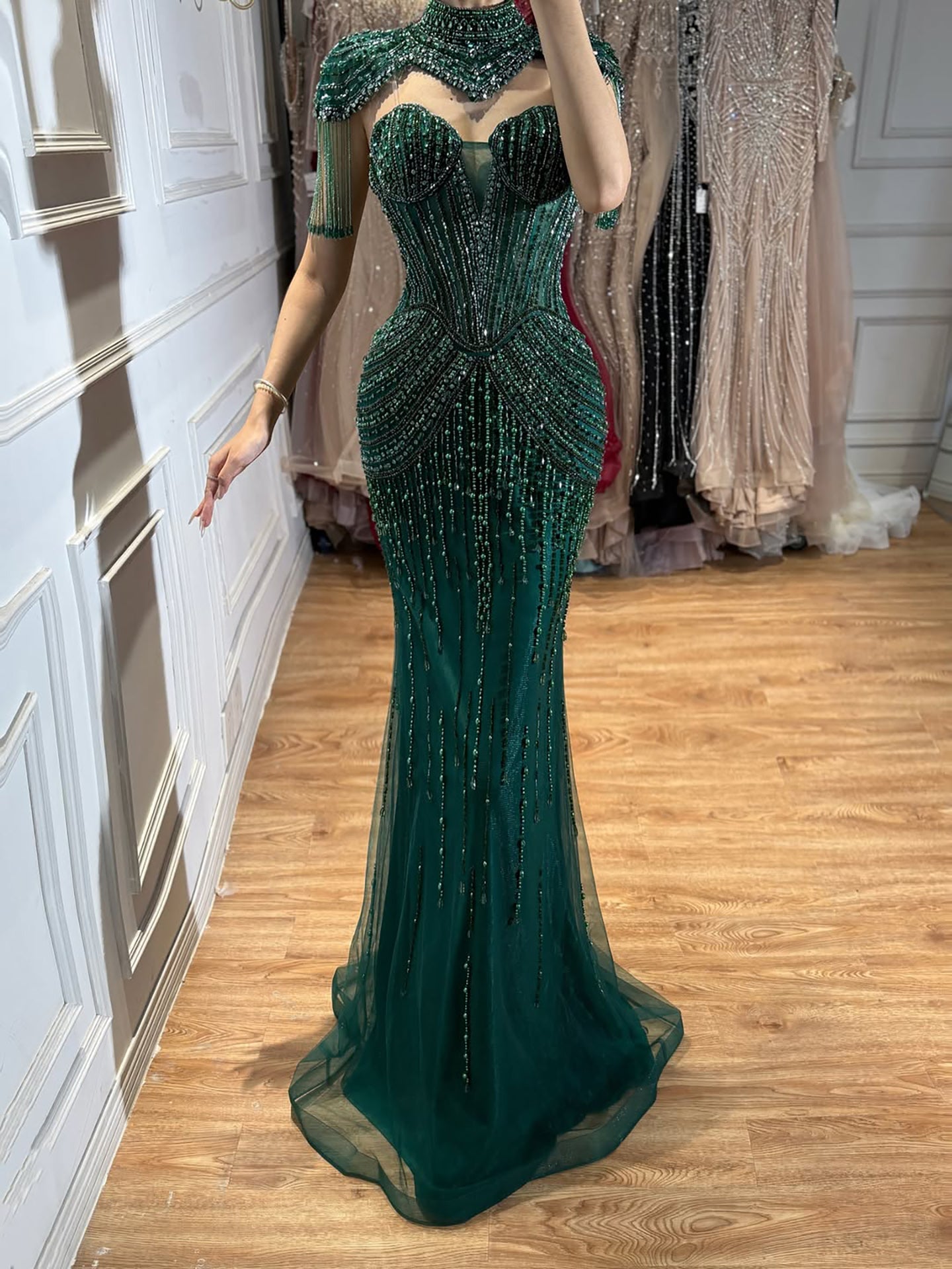 Luxury Nude High Neck Beaded Tassel Mermaid Evening Dress LA73183A