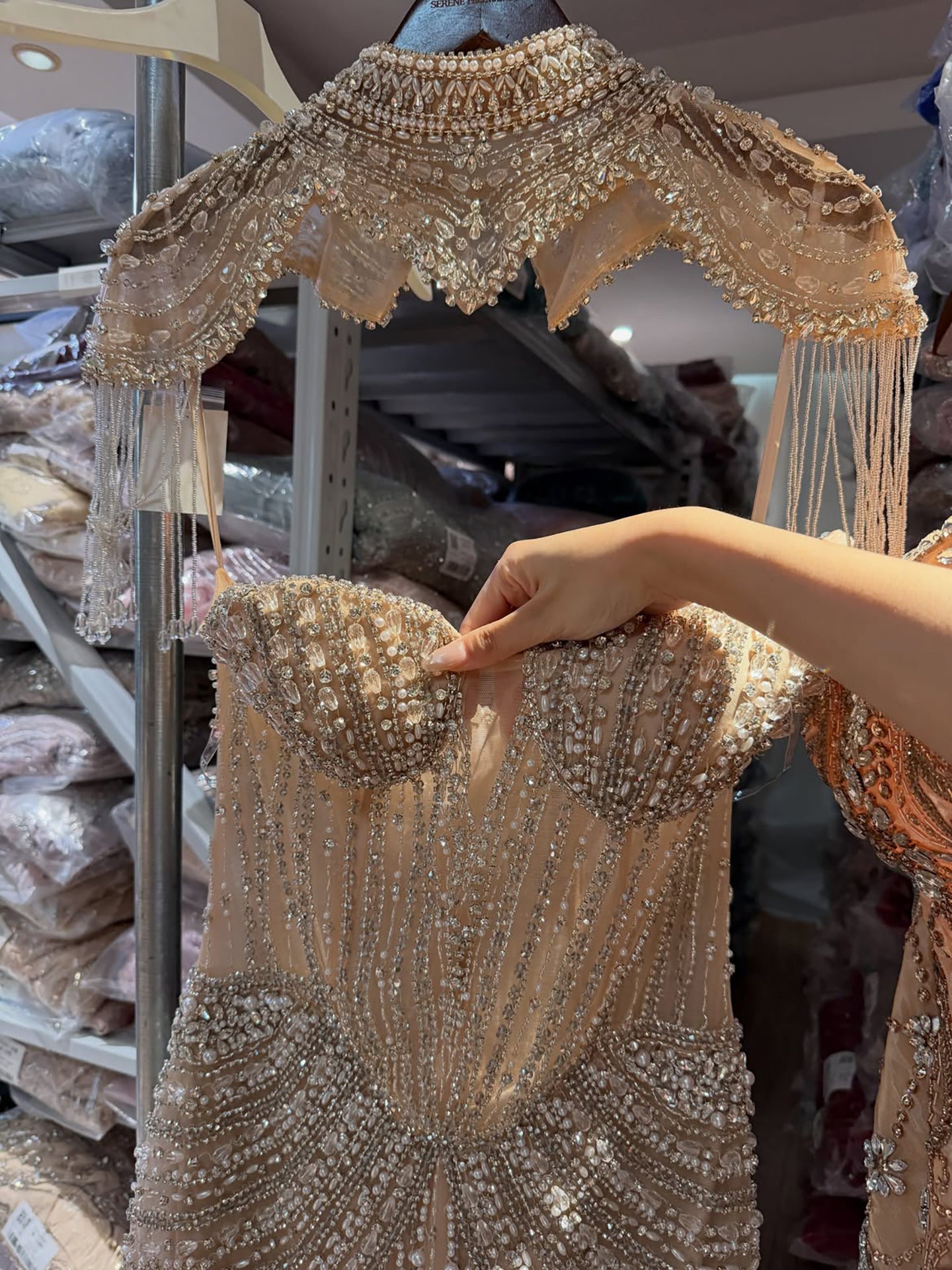 Luxury Nude High Neck Beaded Tassel Mermaid Evening Dress LA73183A
