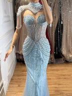 Luxury Nude High Neck Beaded Tassel Mermaid Evening Dress LA73183A