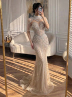 Luxury Nude High Neck Beaded Tassel Mermaid Evening Dress LA73183A
