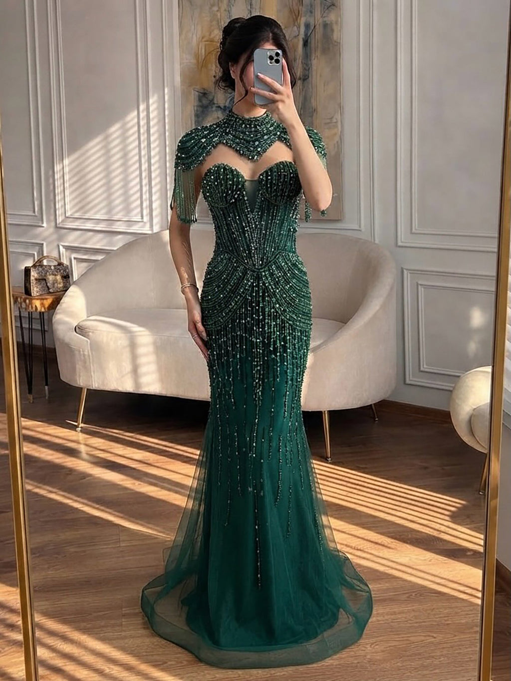Luxury Nude High Neck Beaded Tassel Mermaid Evening Dress LA73183A