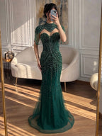 Luxury Nude High Neck Beaded Tassel Mermaid Evening Dress LA73183A
