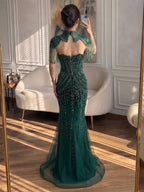 Luxury Nude High Neck Beaded Tassel Mermaid Evening Dress LA73183A