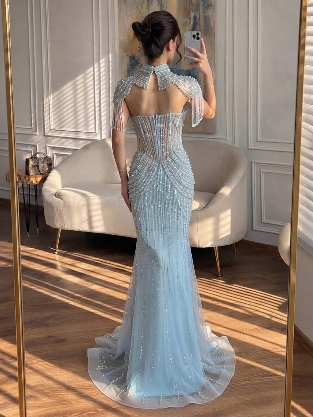 Luxury Nude High Neck Beaded Tassel Mermaid Evening Dress LA73183A