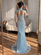 Luxury Nude High Neck Beaded Tassel Mermaid Evening Dress LA73183A