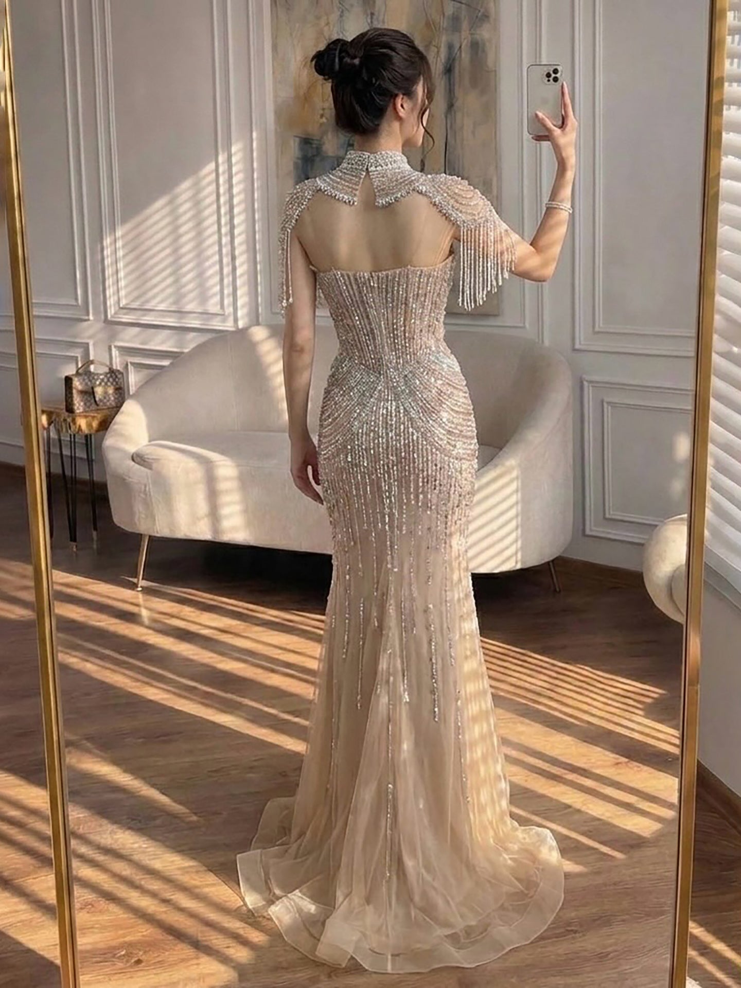 Luxury Nude High Neck Beaded Tassel Mermaid Evening Dress LA73183A