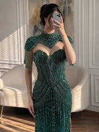 Luxury Nude High Neck Beaded Tassel Mermaid Evening Dress LA73183A