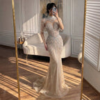 Luxury Nude High Neck Beaded Tassel Mermaid Evening Dress LA73183A