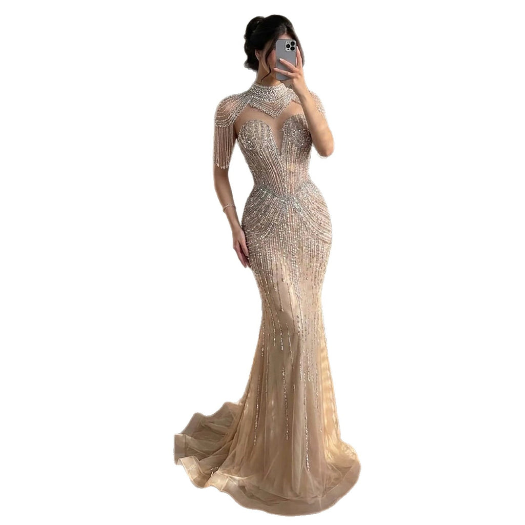 Luxury Nude High Neck Beaded Tassel Mermaid Evening Dress LA73183A