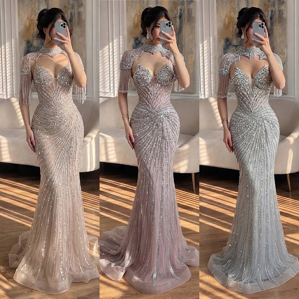 Luxury Nude Tassel Beaded Mermaid Evening Dress CLA73184A
