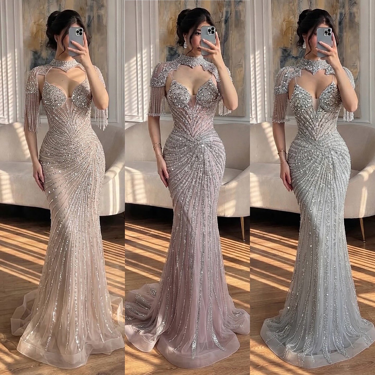 Luxury Nude Tassel Beaded Mermaid Evening Dress CLA73184A