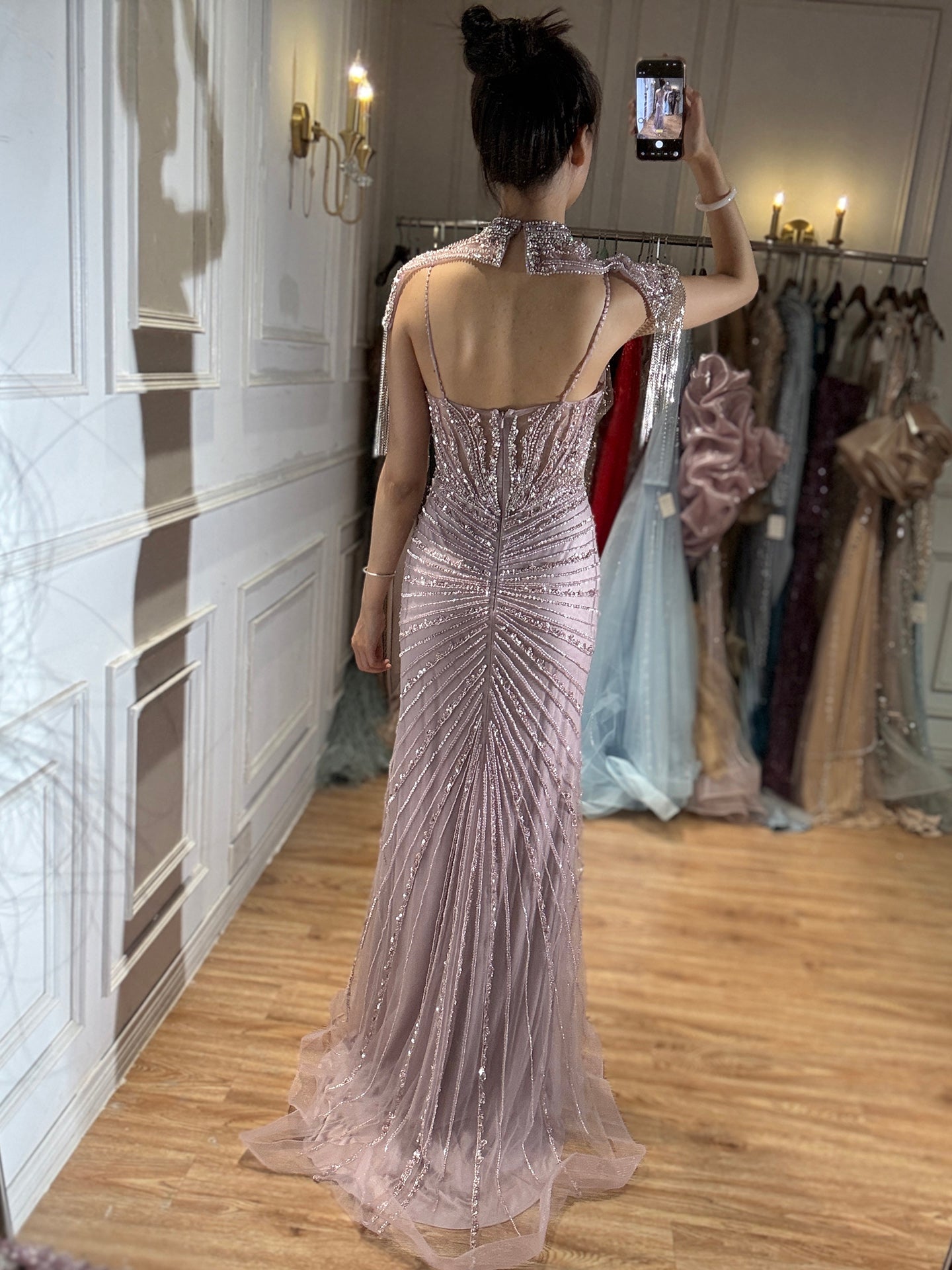 Luxury Nude Beaded Tassel Mermaid Evening Dress CLA73184A