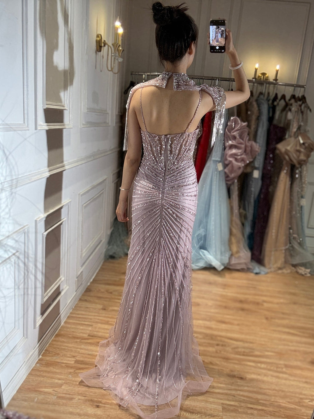 Luxury Nude Tassel Beaded Mermaid Evening Dress CLA73184A