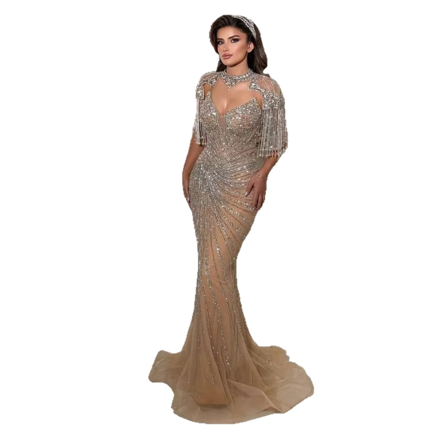 Luxury Nude Tassel Beaded Mermaid Evening Dress LA73184A