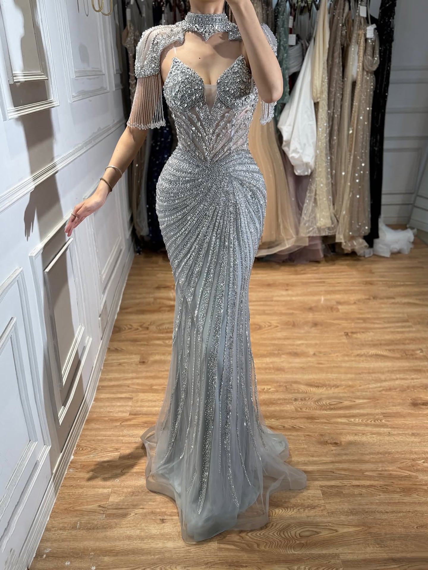 Luxury Nude Tassel Beaded Mermaid Evening Dress CLA73184A