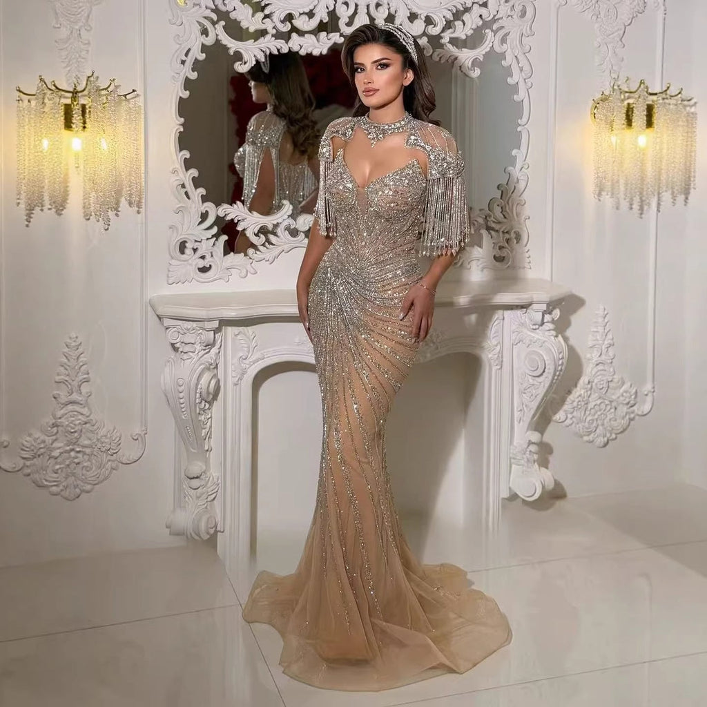 Luxury Nude Tassel Beaded Mermaid Evening Dress LA73184A